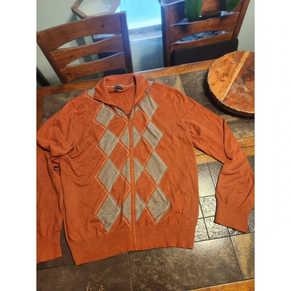 Banana Republic Men Burnt Orange Gray Argyle Zip Up Sweater Sz L Luxury‎ Blend